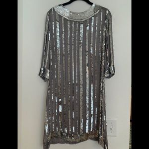 Sequined Stripe Shift Dress in Silver and Gray